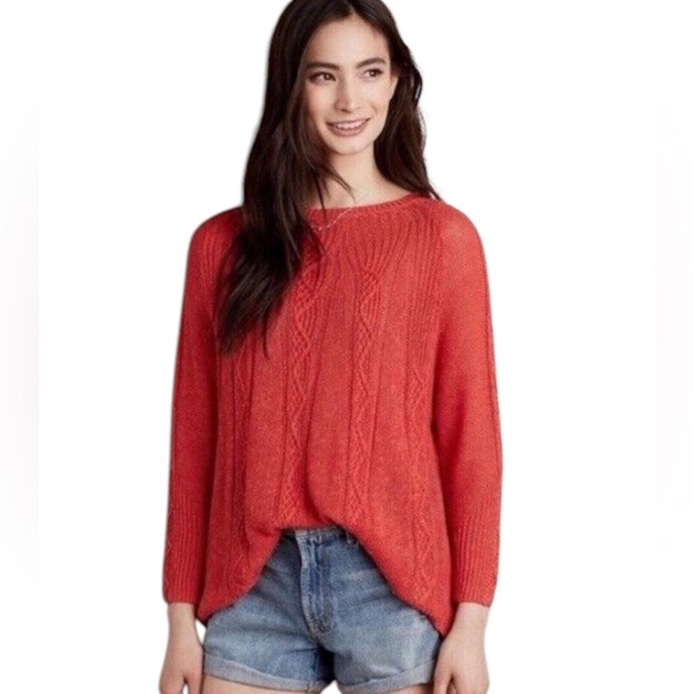 Anthropologie | Linen Blend Cable Knit Sweater Medium Coral